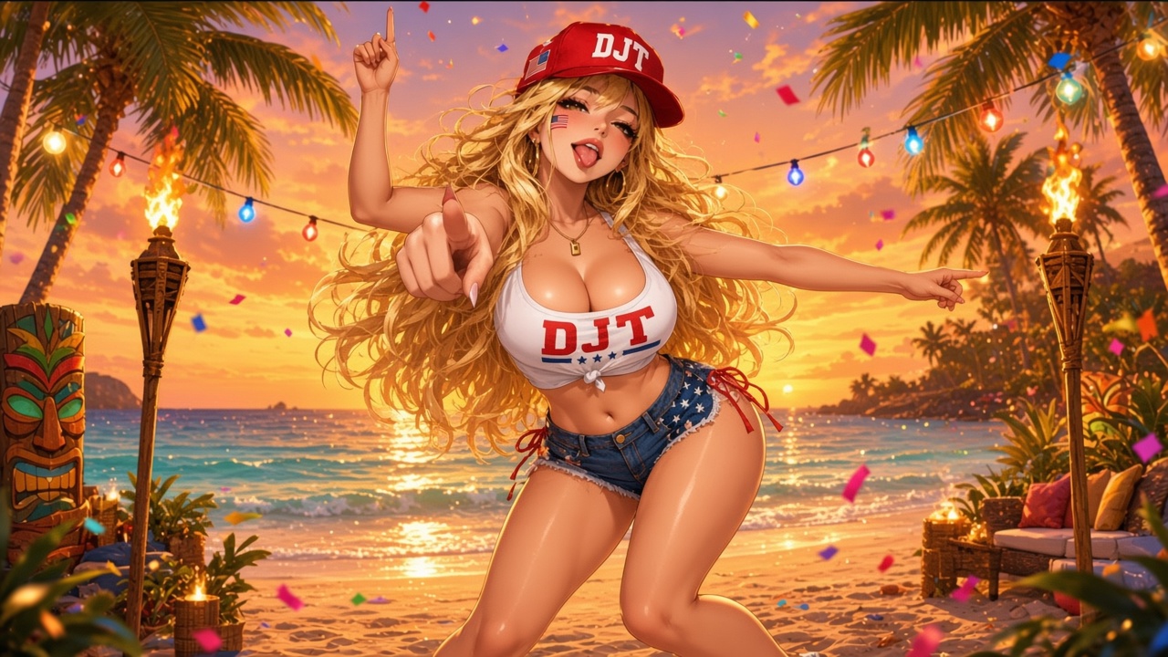 Dense Juicy Titties dancing on a sunset beach with tiki torches and string lights