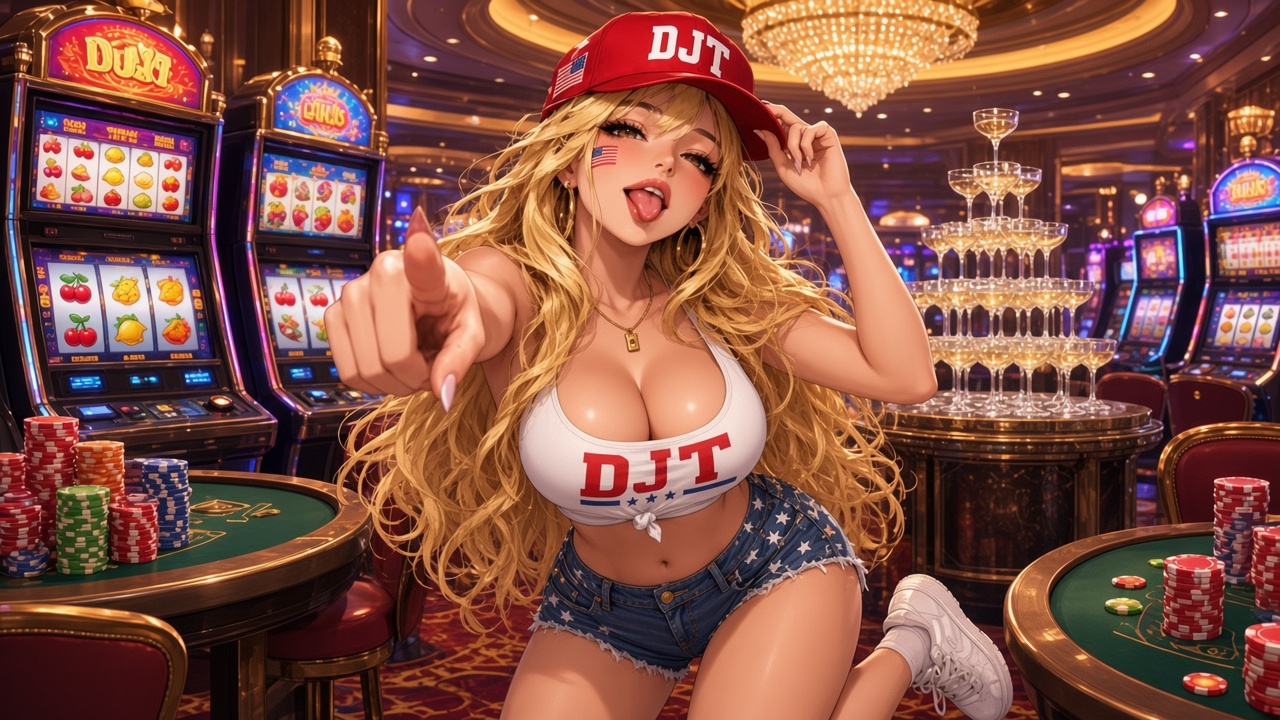 Dense Juicy Titties pointing from a casino floor beside chips and a champagne tower