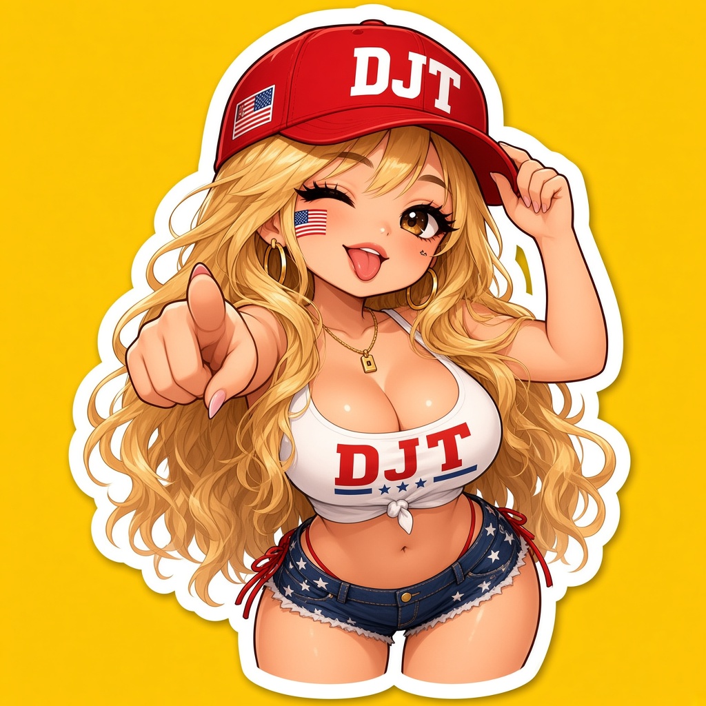 Chibi sticker of Dense Juicy Titties winking in a red DJT cap