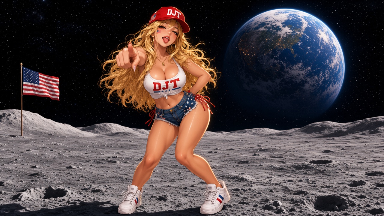 Dense Juicy Titties standing on the moon with Earth and a flag behind her