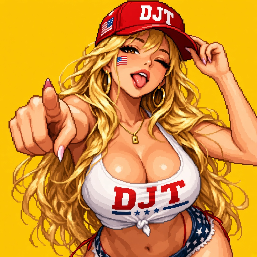 Pixel-art Dense Juicy Titties in a red DJT cap on a yellow background